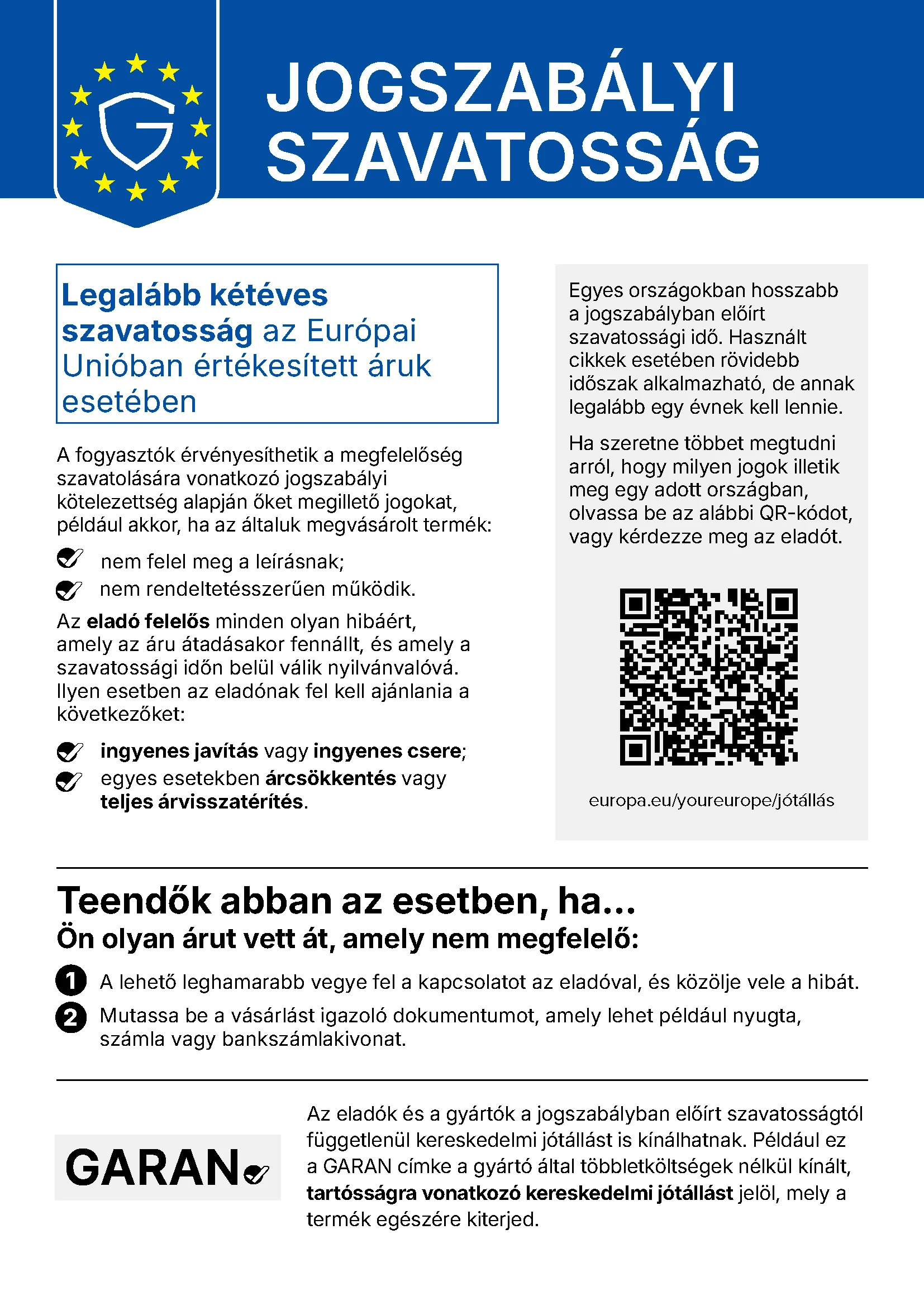 Jogszabályi szavatosság – az Európai Unió hivatalos tájékoztatója a fogyasztói szavatossági jogokról